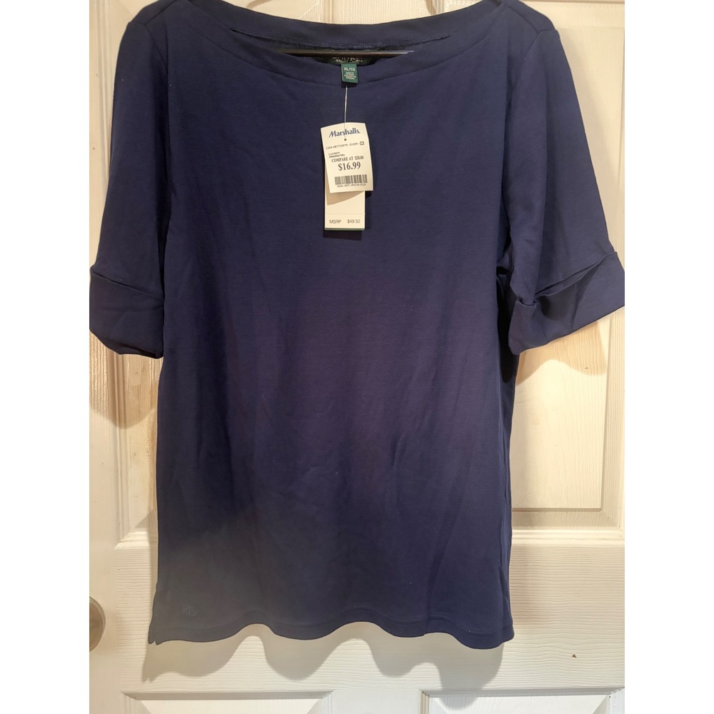 #221 Navy Women Lauren Ralph Lauren Boat Neck Cuffed Sleeve Knit Top XL - Picture 2 of 4